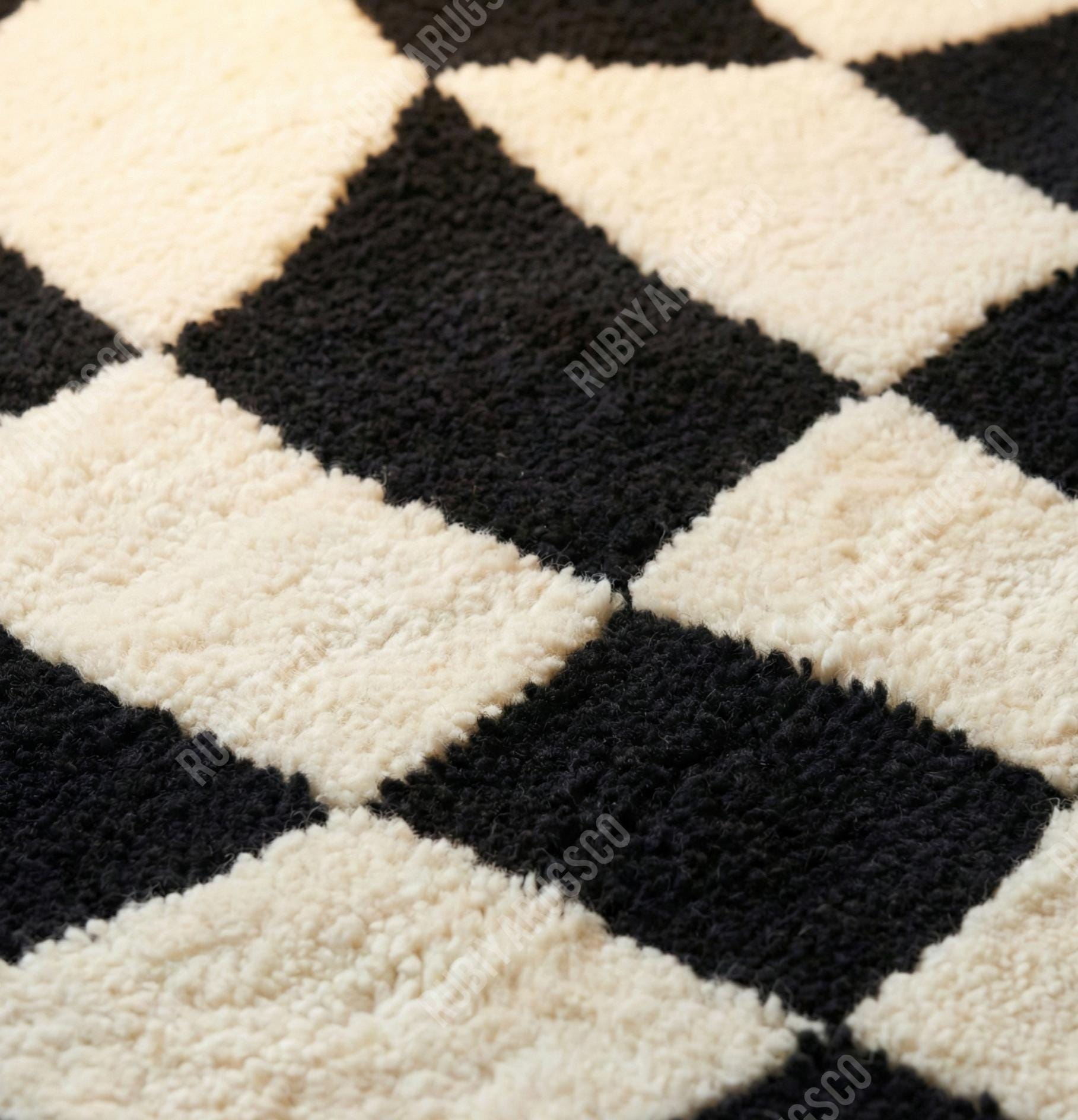 Wavy Checkered New Zealand Wool Rug Black and White Modern Sculptural ...