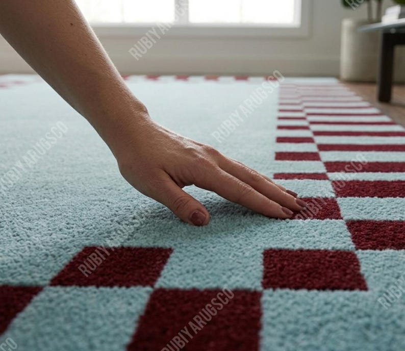 Hand-tufted Wool Rug, Sky Blue Burgundy Checkered Border, Modern ...