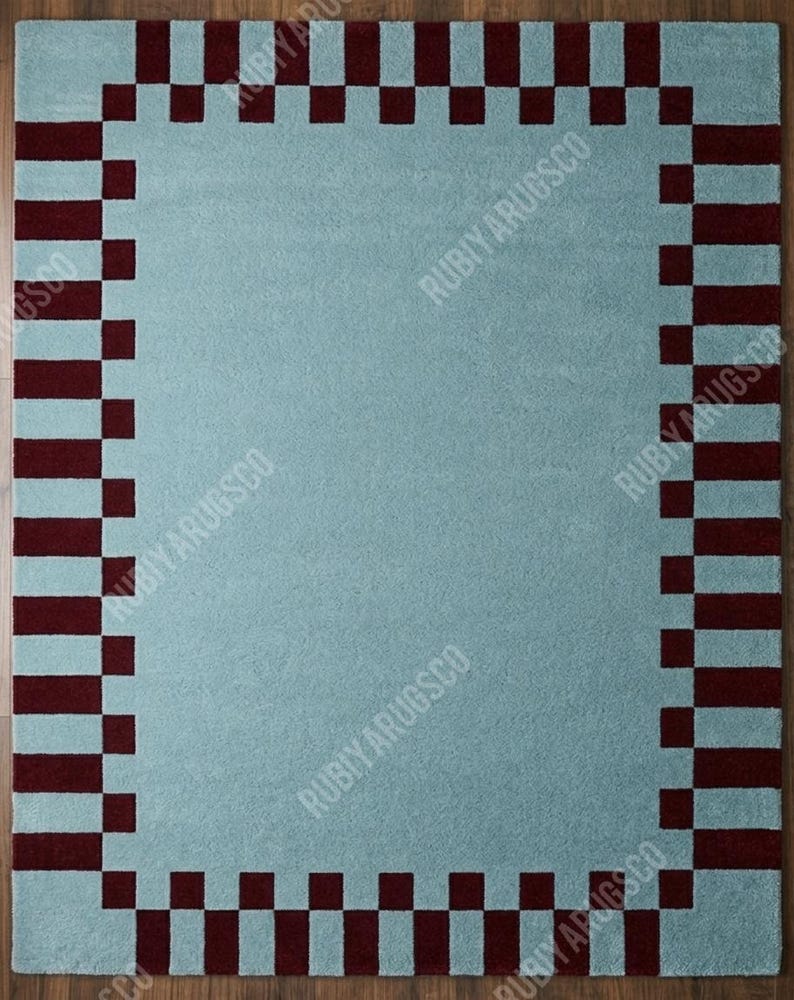 Hand-tufted Wool Rug, Sky Blue Burgundy Checkered Border, Modern ...