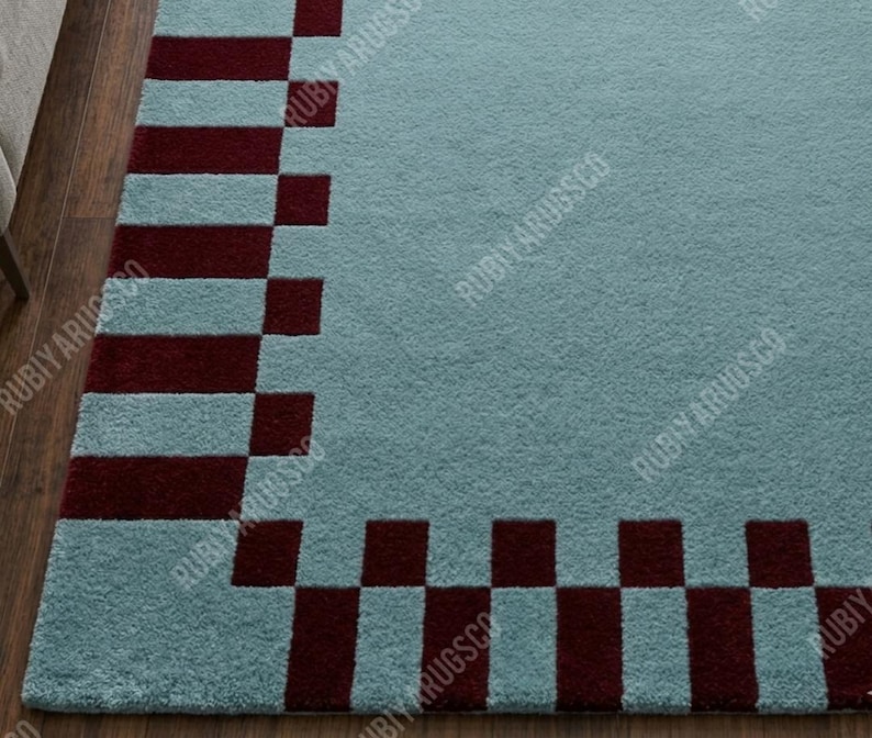 Hand-tufted Wool Rug, Sky Blue Burgundy Checkered Border, Modern ...