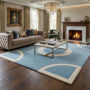 Modern blue geometric handmade wool rug in living room, minimalist tufted area carpet with circle pattern, luxury home decor rug