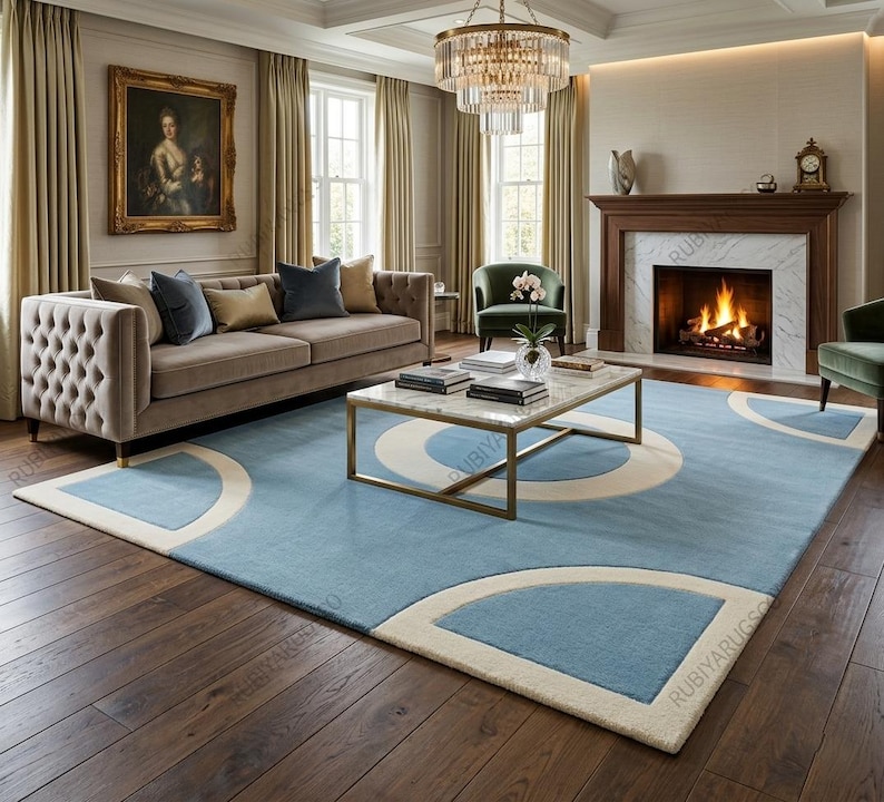 Modern blue geometric handmade wool rug in living room, minimalist tufted area carpet with circle pattern, luxury home decor rug