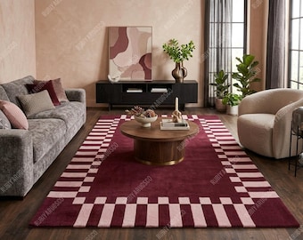 Hand-Tufted Wool Area Rug | Burgundy Blush Pink Checkered Border Carpet