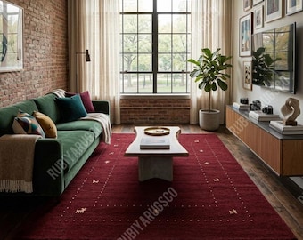 Deep Wine Red Wool Gabbeh Rug, Minimalist Hand-Woven Living Room Carpet