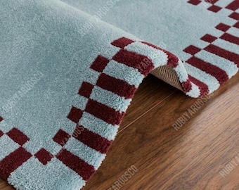 Hand-Tufted Wool Rug, Sky Blue Burgundy Checkered Border, Modern Geometric Carpet