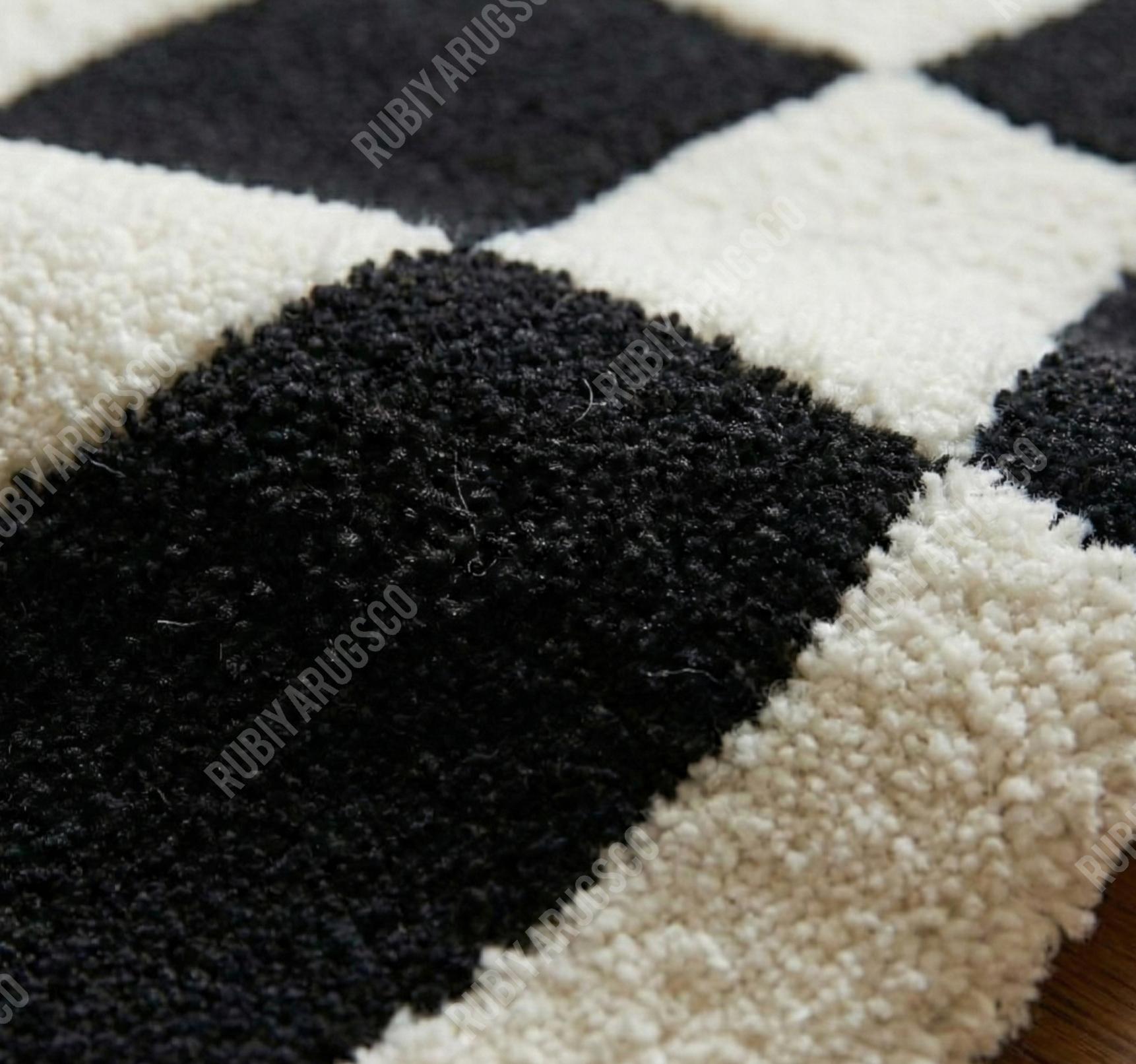 Wavy Checkered New Zealand Wool Rug Black and White Modern Sculptural ...
