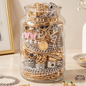67-Piece Gold Alloy Jewelry Set, Layered Necklaces, Hoop Earrings, Studs, Rings (Gift Bundle)