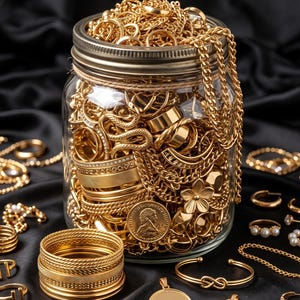 Gold Mystery Jewelry Jar | 50-73Piece Dainty Plated Necklace, Bracelet, Ring Set