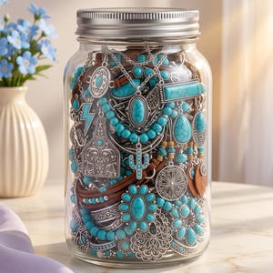 May include: A clear glass jar with a silver metal lid filled with an assortment of jewelry, including turquoise-colored stone pendants, silver-toned metal charms, beaded necklaces, and brown leather cord bracelets with intricate metal accents.