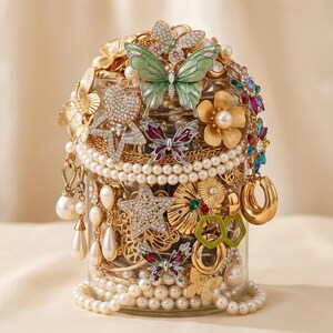 May include: A clear glass jar filled with assorted jewelry including gold-tone chains, pearl strands, and various decorative pins. The exterior is adorned with butterfly, star, and flower-shaped brooches featuring rhinestones and enamel accents.