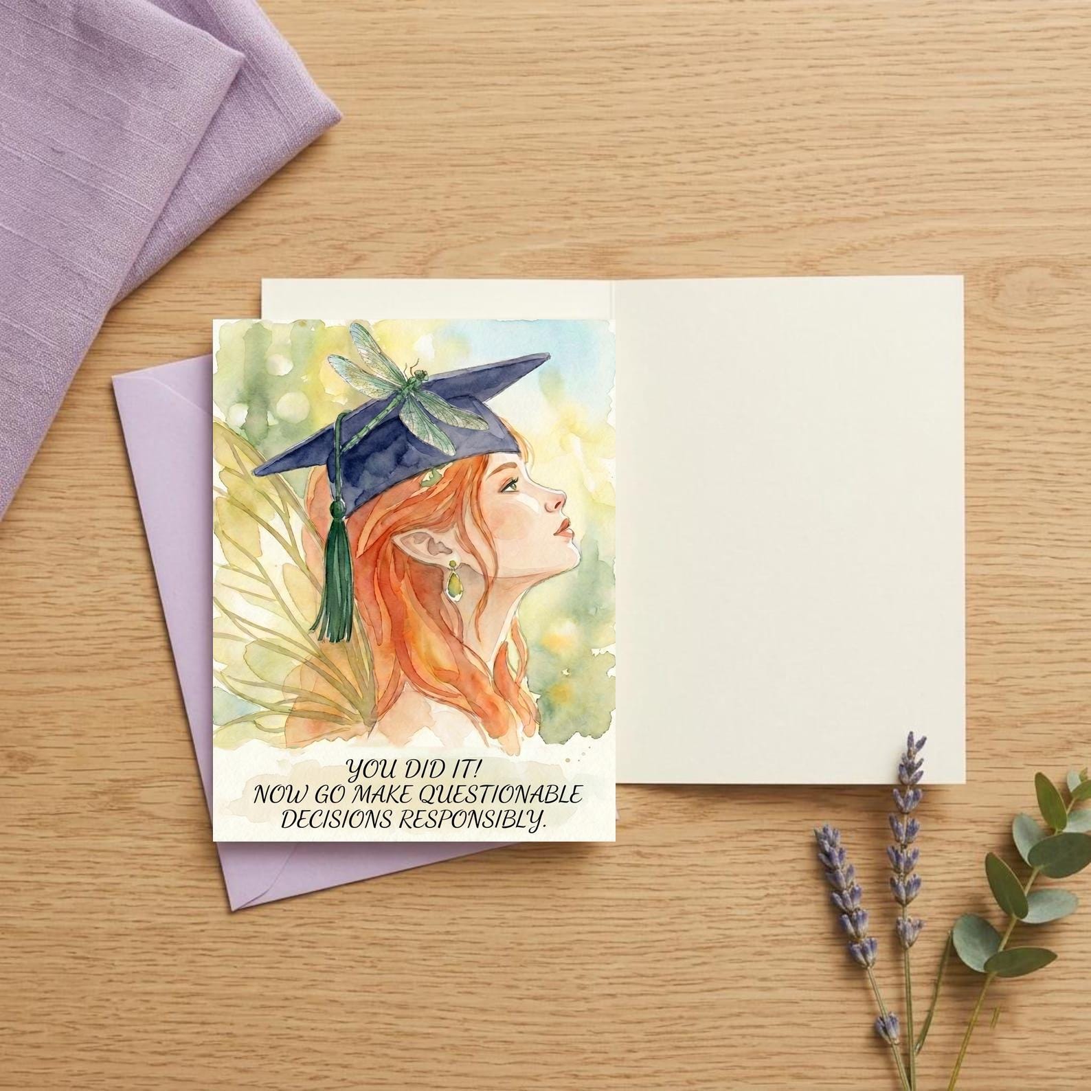 Questionable Gift Funny Fairy Graduation Card - Whimsical Watercolor Grad Gift ...