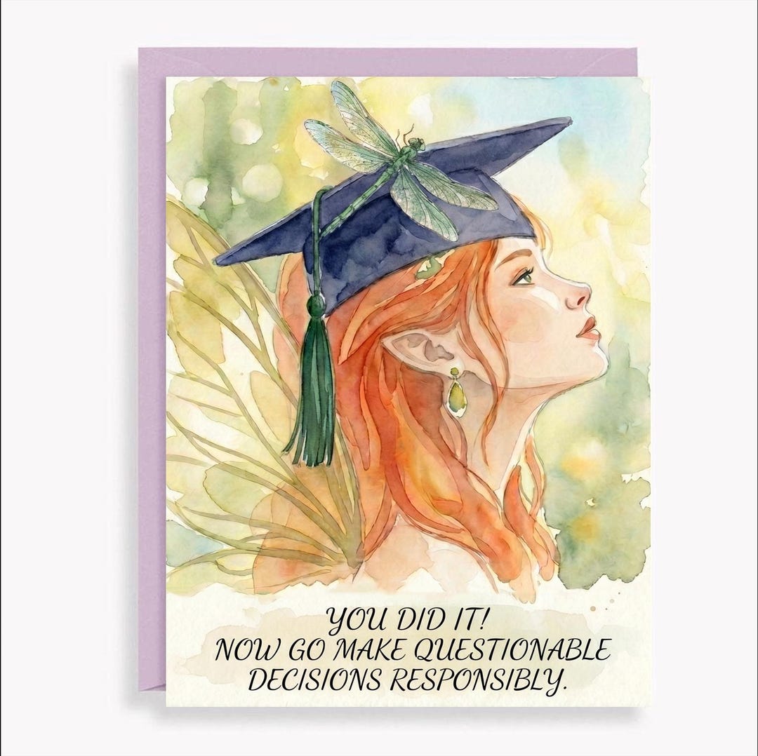 Questionable Gift Funny Fairy Graduation Card - Whimsical Watercolor Grad Gift ...