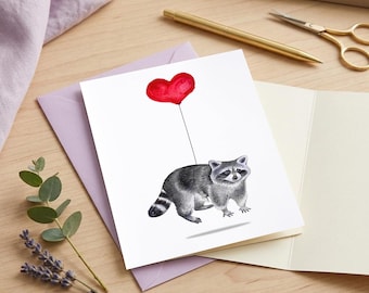 Raccoon Heart Balloon Watercolor Card – Whimsical Anniversary Greeting (5" x 7")