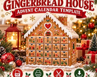 Plantilla de calendario de adviento con forma de casa de jengibre, cuenta atrás navideña imprimible, calendario de cajones DIY en PDF, manualidad navideña
