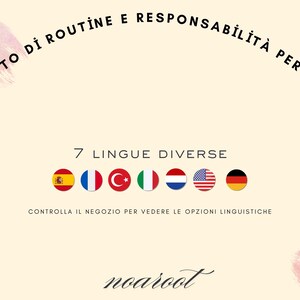 May include: A light beige graphic with text in Italian and the words "7 LINGUE DIVERSE". The image includes flags of Spain, France, Turkey, Italy, the Netherlands, the United States, and Germany. The text "noaroot" is at the bottom.