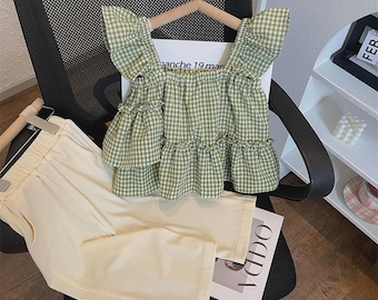 Girls' ruffle edge shirt, camisole, flying sleeve, checkered vest, ice silk straight leg pants two-piece set
