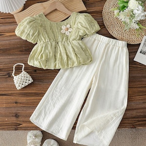 Girls' Bubble Top and Wide Leg Pants Set: Countryside Style Summer Clothes