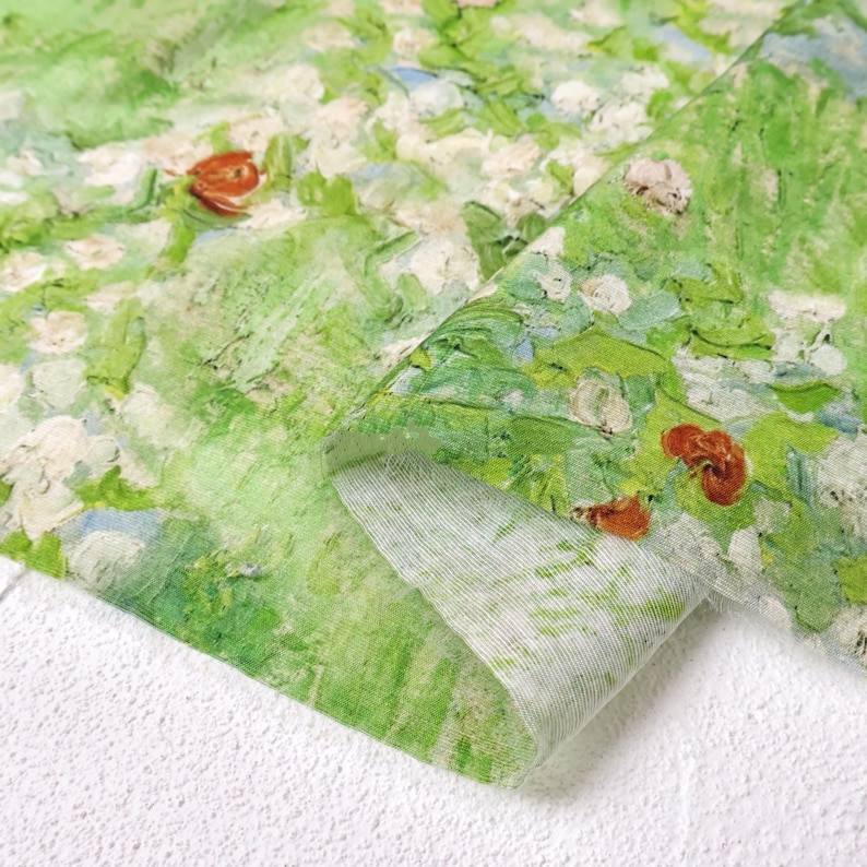 Gedrapeerd ademend groen olieverfschilderij Bloemenprint zijde linnen tencelstof – zacht, geen stretch voor jurken en blouses afbeelding 7