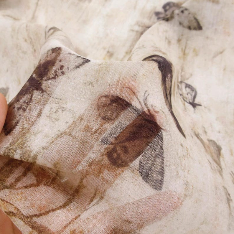 Sheer Coffee Brown Ink Wash Tie-Dye Butterfly Jacquard Tencel Linen Fabric – Light Structure Draping Matte for Kimonos & Dresses image 6