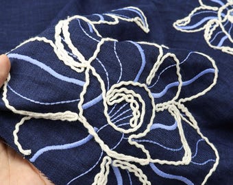 Navy 3D Floral Embroidery Fabric, Soft Drapey Designer Textile, Handmade Cheongsam Dress Bridesmaid Sewing