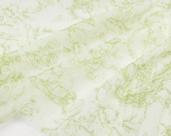 Sheer Soft Light Green Vintage Floral Print Crinkled Tencel Linen Cotton Fabric – Matte Drape No Stretch for Kimonos & Tea Dresses