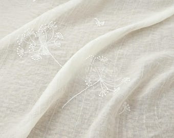Cream Tencel-Linen Crinkle Fabric, 3D Embroidered Blossoms, Semi-Sheer Designer Textile