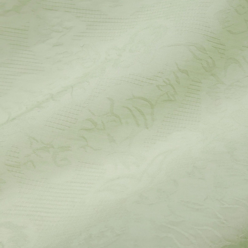 May include: Close-up of a pale green fabric with a subtle floral pattern. The fabric has a textured appearance with visible lines and soft folds, creating a delicate and elegant aesthetic. The overall tone is light and airy.