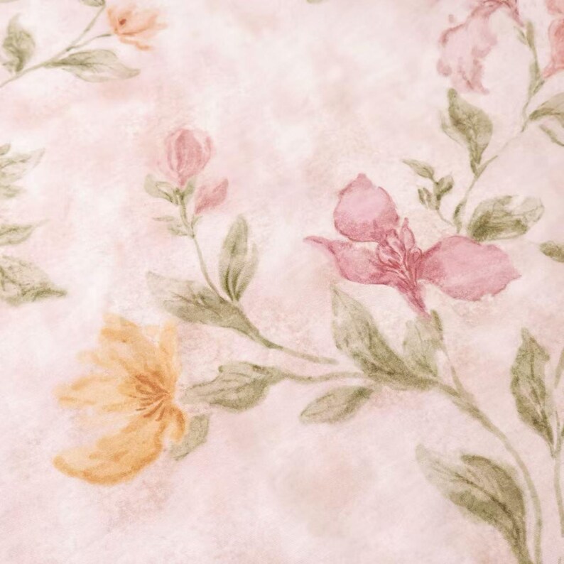 May include: Watercolor floral pattern featuring pink, peach, and yellow flowers with green leaves on a light pink textured background. The flowers are in various stages of bloom, creating a soft, romantic aesthetic.