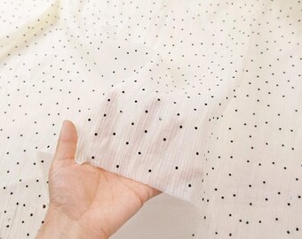 Cream Flocked Dot Textured Tencel-Linen, Semi-Sheer Crinkle Designer Fabric, Handmade Smock Dress Resort Sewing