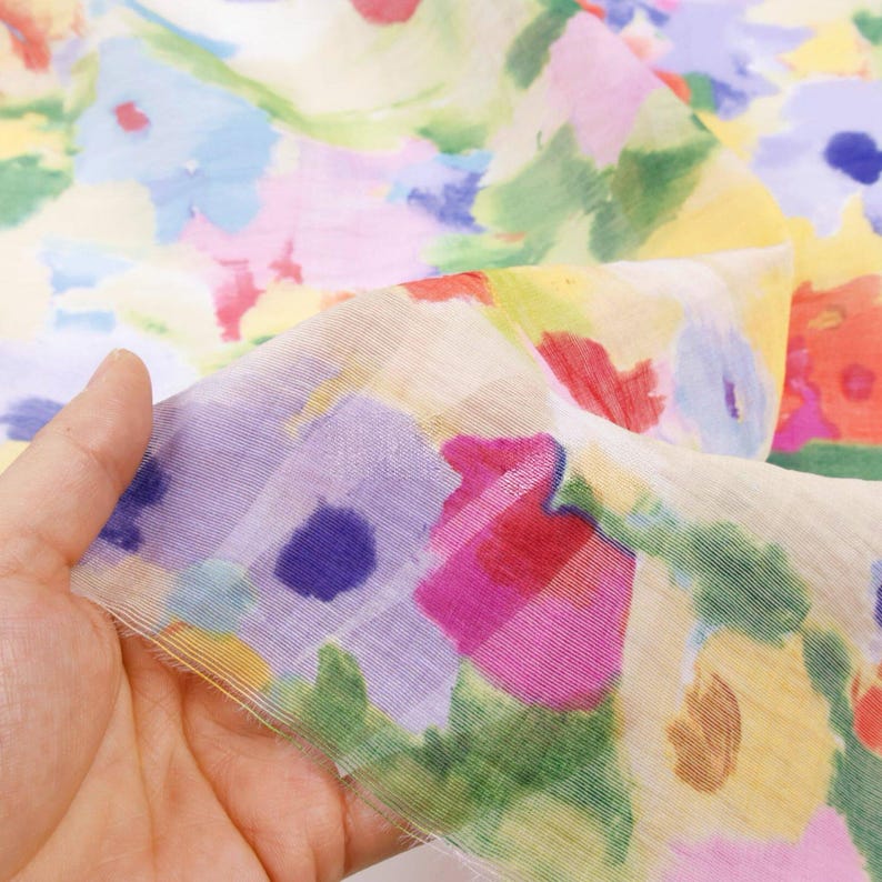 Soft Sheer Rainbow Oil Painting Floral Print Linen Tencel Fabric – Draping No Stretch for Dresses & Kimonos image 4