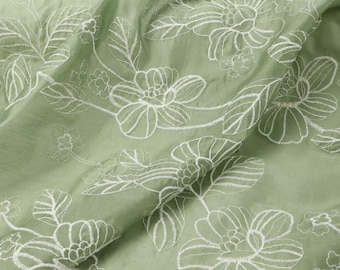 Pale Grey-Green Floral Embroidered Tencel Linen Fabric – Sheer Draping for Dresses, Kimonos