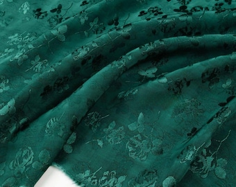 Vintage Dark Green Tone-on-Tone Floral Jacquard Lustrous Linen Satin Fabric – Soft Draping No Stretch for Dresses & Blouses