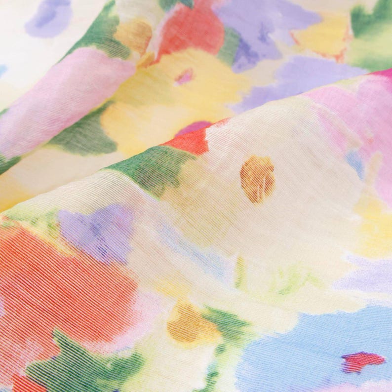 Soft Sheer Rainbow Oil Painting Floral Print Linen Tencel Fabric – Draping No Stretch for Dresses & Kimonos image 5