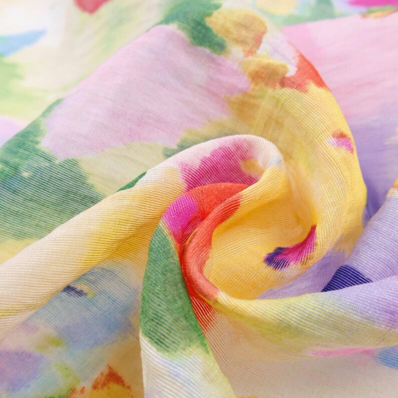 Soft Sheer Rainbow Oil Painting Floral Print Linen Tencel Fabric – Draping No Stretch for Dresses & Kimonos image 3