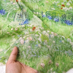 Gedrapeerd ademend groen olieverfschilderij Bloemenprint zijde linnen tencelstof – zacht, geen stretch voor jurken en blouses afbeelding 1