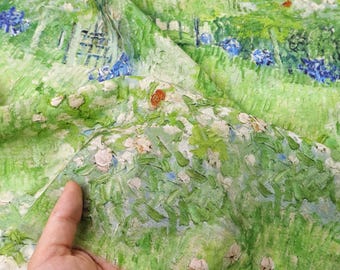 Drapering Andningsbart Grönt Oljemålning Blommigt Sidenlinne Tencel-tyg – Mjukt, Ej Stretchigt för Klänningar och Blusar