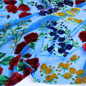 Colorful Flocked Velvet Embroidered Chiffon Fabric – Sheer Draping No Stretch for Gowns & Stage Wear