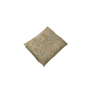 May include: A folded square pillow with a floral pattern in shades of beige and light green. The pillow has a soft, textured appearance, suggesting a comfortable and decorative home accessory.
