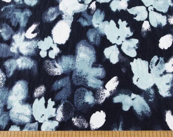 Deep Blue Ink-Wash Floral Tencel-Linen Fabric, Soft Drape Sewing Textile