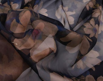 Zwartbruin olieverfschilderij Gebloemde chiffonstof – Doorzichtig boho-jurkmateriaal