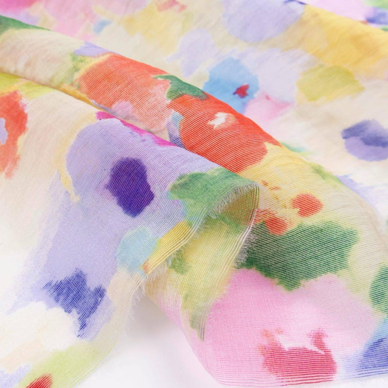 Soft Sheer Rainbow Oil Painting Floral Print Linen Tencel Fabric – Draping No Stretch for Dresses & Kimonos image 2