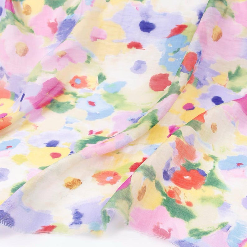 Soft Sheer Rainbow Oil Painting Floral Print Linen Tencel Fabric – Draping No Stretch for Dresses & Kimonos image 1