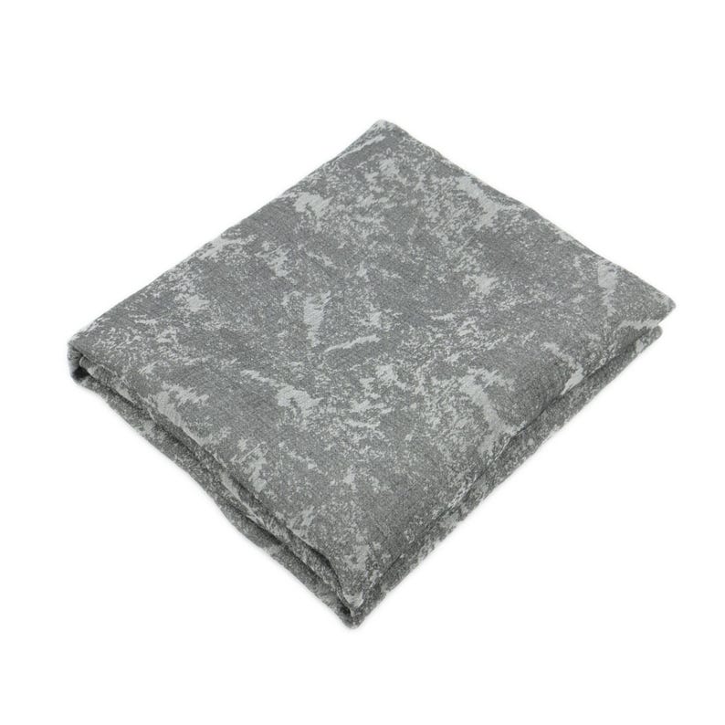May include: Folded gray blanket with a textured, abstract pattern. The blanket is a medium gray color with lighter gray accents, creating a mottled appearance. The fabric appears soft and plush, suitable for home decor.