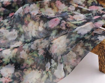 Weicher, leichter, durchsichtiger schwarzer Ölgemälde-Blumendruck Tencel-Organza-Stoff - für Braut-Overlays und Kunst-Kimonos