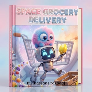 May include: A book cover with the title "SPACE GROCERY DELIVERY" in pastel colors. The cover features a robot holding a lemon, a fluffy creature, and a shopping cart. The author's name, "By [hassane rashad]", is also visible.