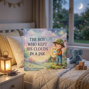 May include: A children's book titled "The Boy Who Kept His Clouds in a Jar" is displayed on a bed. The cover features an illustration of a boy holding a jar with clouds. A plush elephant and a lantern are also visible.