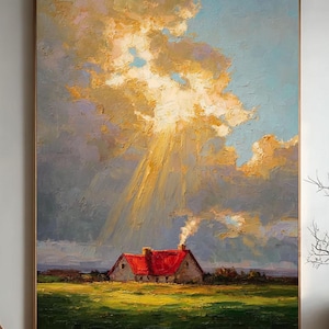 Large Oil Painting Sun Rays Landscape, Rustic Cottage Wall Art Dramatic Sky Canvas Countryside Farmhouse Decor, Impressionist Nature Artwork