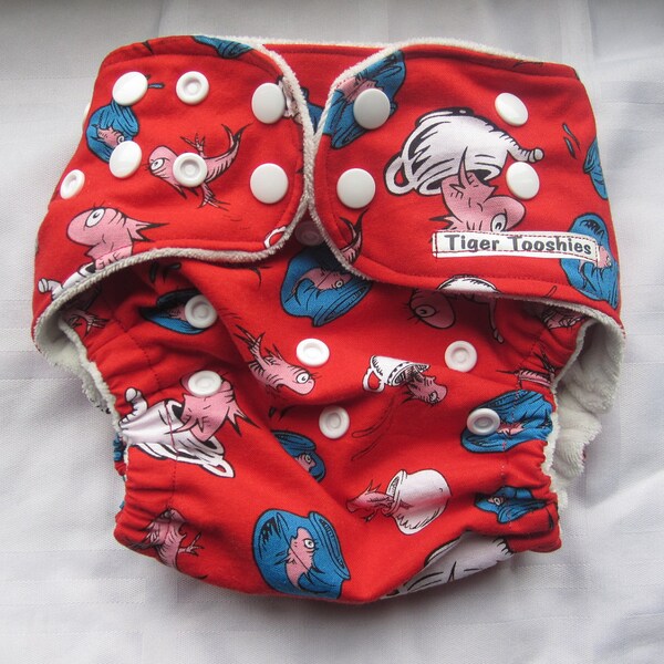One Size AI2 ( all in two) water proof cloth diaper " Dr Seuss Fish in and out of a bowl " cotton out side with hidden pul
