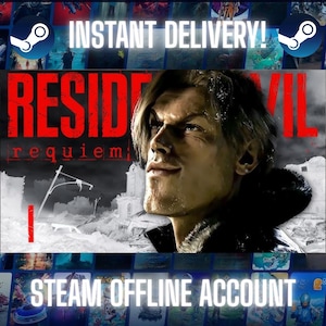 May include: A digital game cover for Resident Evil Requiem featuring a close-up of a man with light brown hair, set against a black and white ruined city background. The text reads INSTANT DELIVERY and STEAM OFFLINE ACCOUNT with Steam logos.