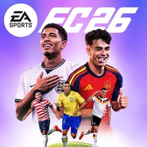 May include: A promotional graphic for EA Sports FC 26 featuring two large portraits of soccer players in white and red jerseys, with three smaller full-body figures of players in USA, Brazil, and Germany kits against a purple gradient background.